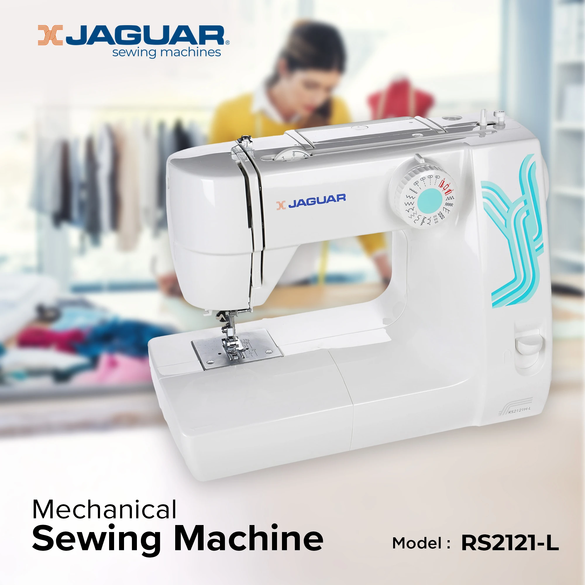 Jaguar RS2121-L Mechanical Sewing Machine â€“ 21 Stitches, Auto Needle Threader, 4-Step Buttonhole, White color RS2121-L White