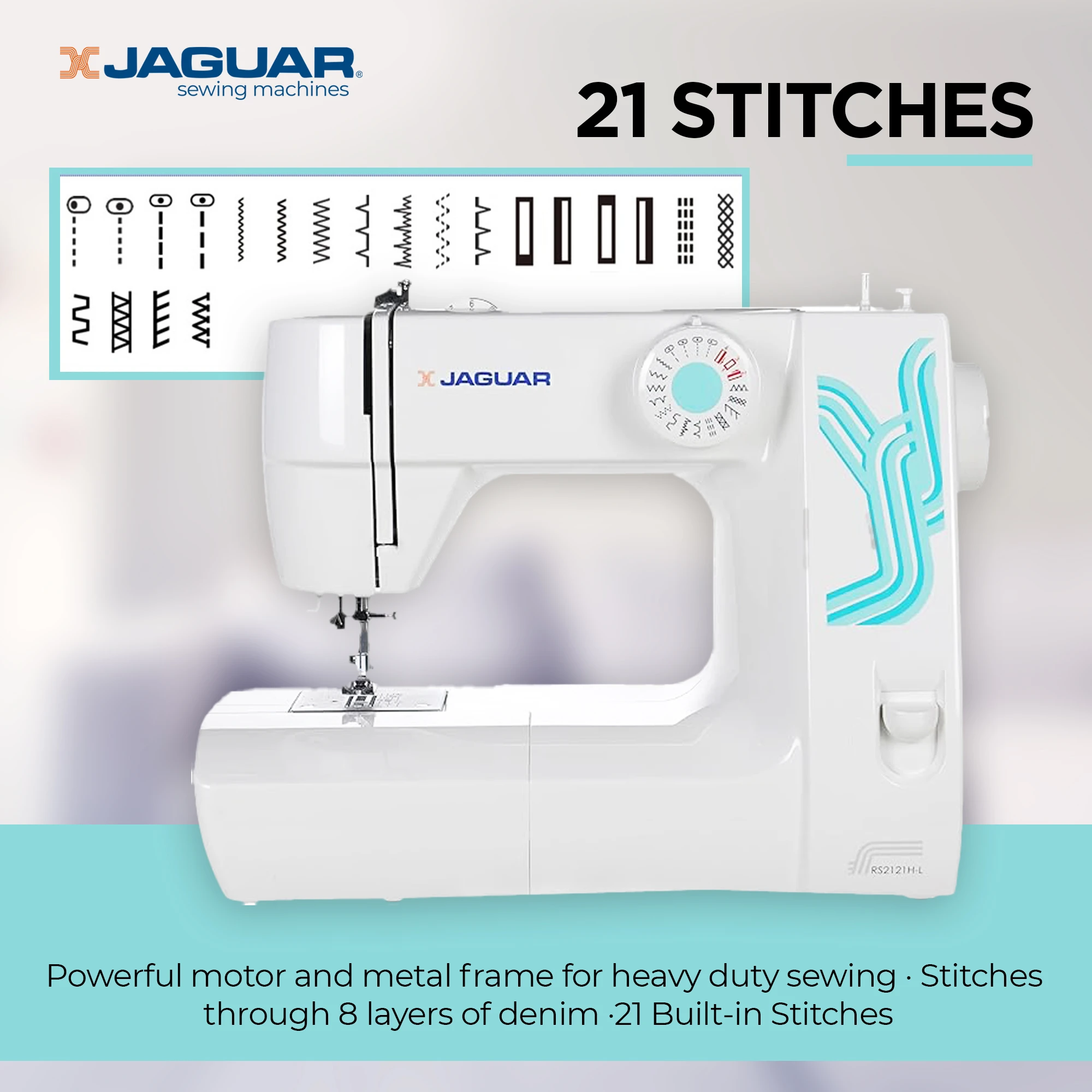 Jaguar RS2121-L Mechanical Sewing Machine â€“ 21 Stitches, Auto Needle Threader, 4-Step Buttonhole, White color RS2121-L White