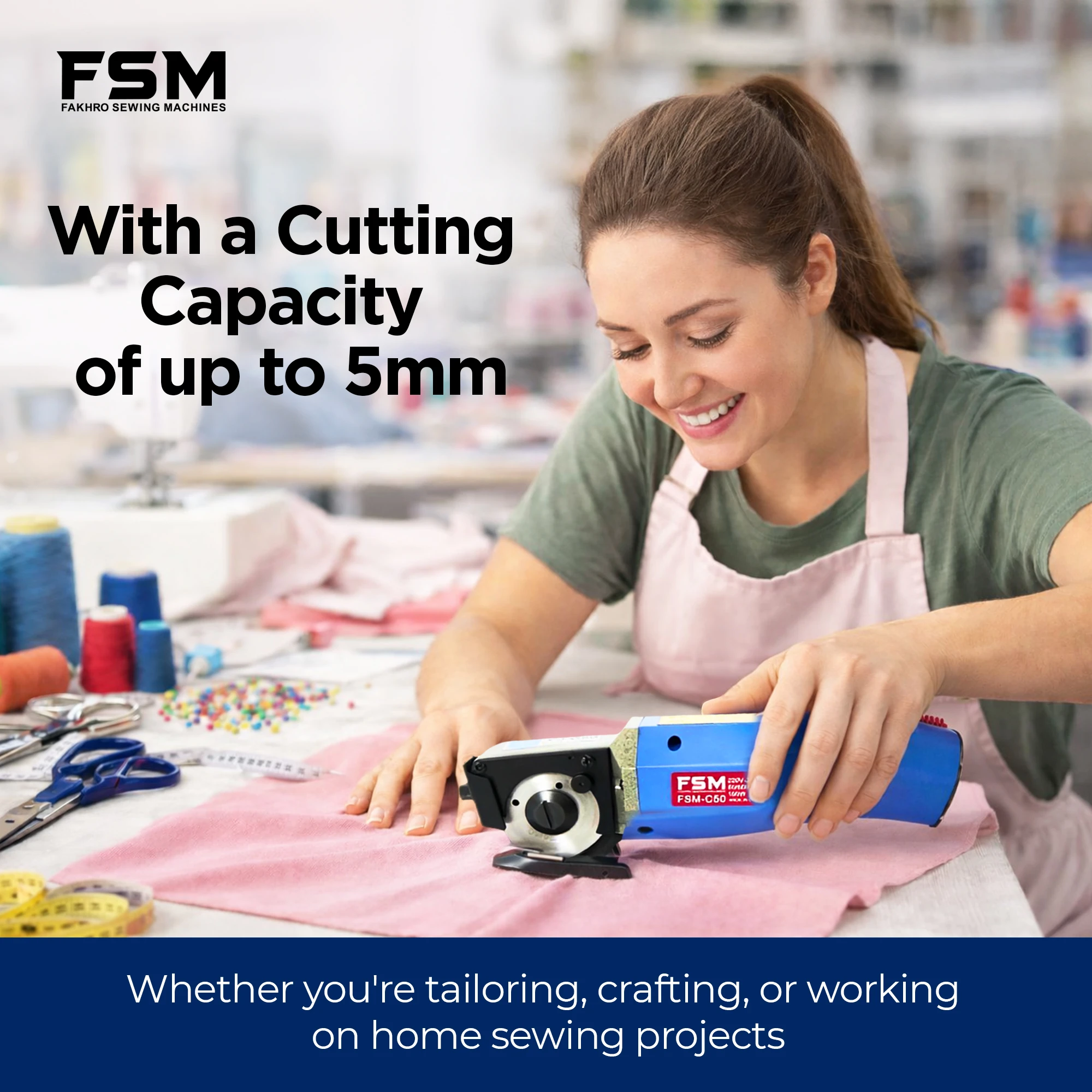 FSM - C50 Charging Fabric Cutting Machine Offers a trimming capacity  of up to 5mm and  Equipped with a 35W  | 3.6V  rechargeable battery | Perfect for fabric,