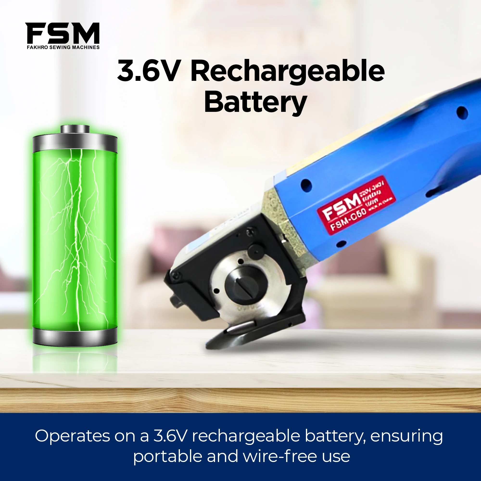 FSM - C50 Charging Fabric Cutting Machine Offers a trimming capacity  of up to 5mm and  Equipped with a 35W  | 3.6V  rechargeable battery | Perfect for fabric,