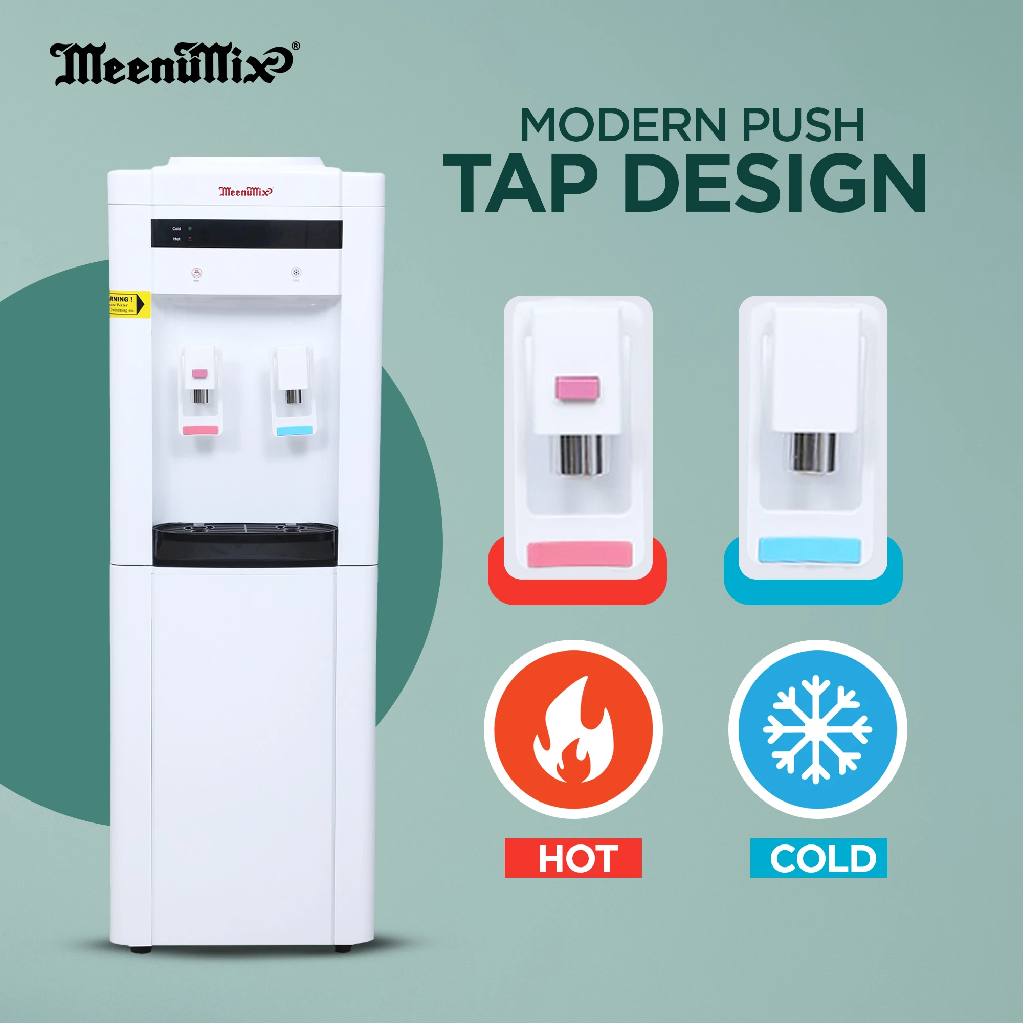 Meenumix Water Dispenser Hot & Cold, Floor Standing, Child Lock, 18.9L bottle can capacity, minimum 5L/Hr Heat and minimum 3L/Hr cooling Capacity, White made in india