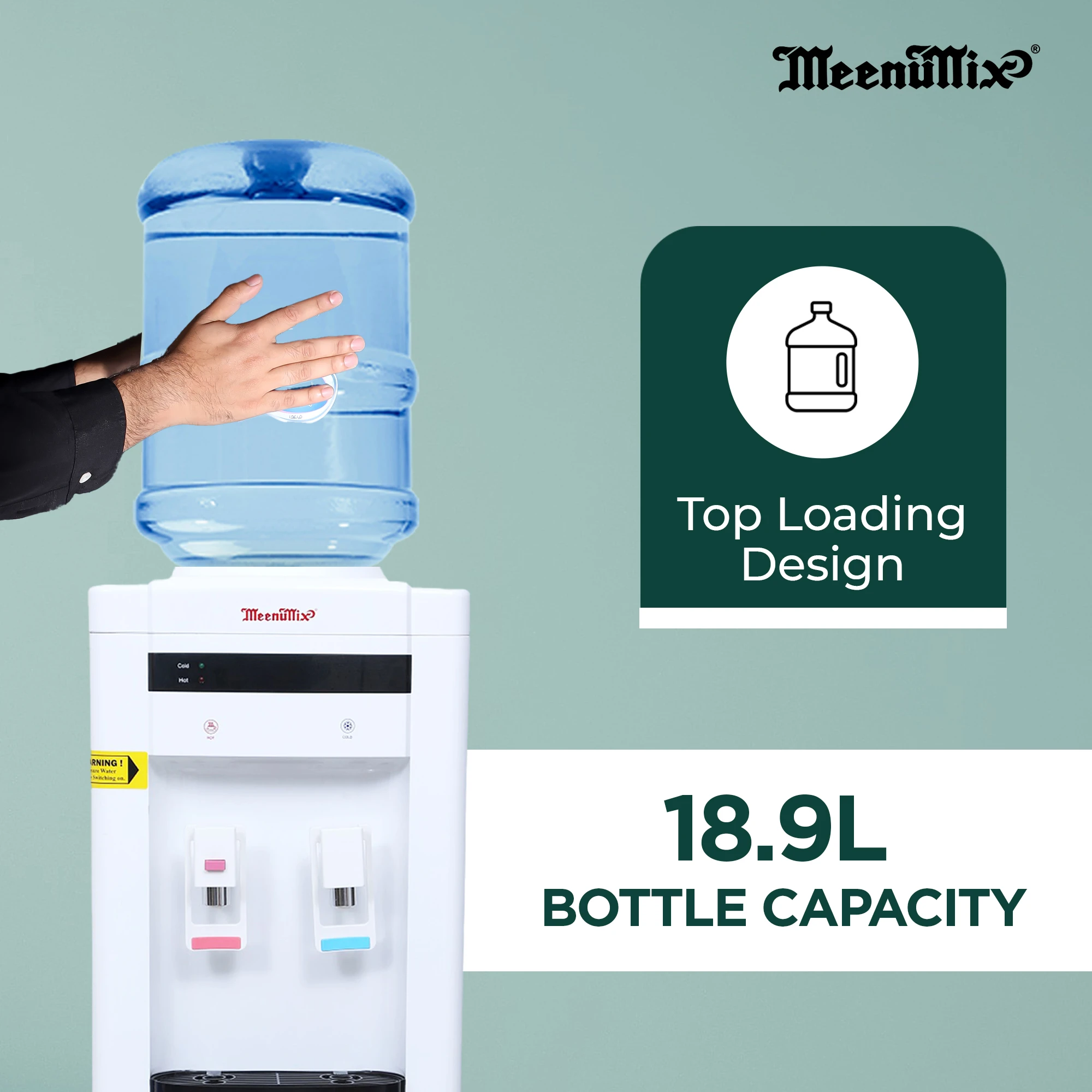 Meenumix Water Dispenser Hot & Cold, Floor Standing, Child Lock, 18.9L bottle can capacity, minimum 5L/Hr Heat and minimum 3L/Hr cooling Capacity, White made in india