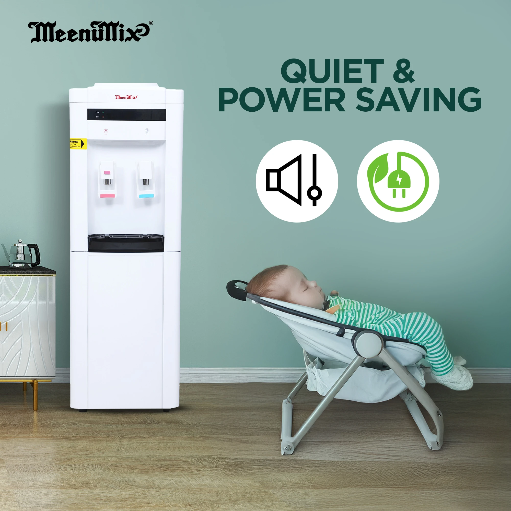 Meenumix Water Dispenser Hot & Cold, Floor Standing, Child Lock, 18.9L bottle can capacity, minimum 5L/Hr Heat and minimum 3L/Hr cooling Capacity, White made in india