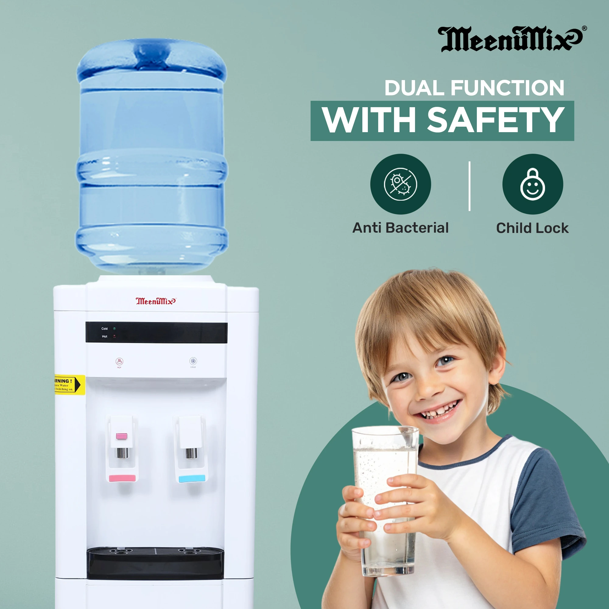 Meenumix Water Dispenser Hot & Cold, Floor Standing, Child Lock, 18.9L bottle can capacity, minimum 5L/Hr Heat and minimum 3L/Hr cooling Capacity, White made in india